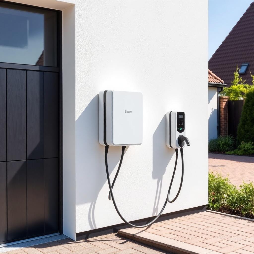 Easee Home laadpaal met Equalizer aan witte muur bij oprit