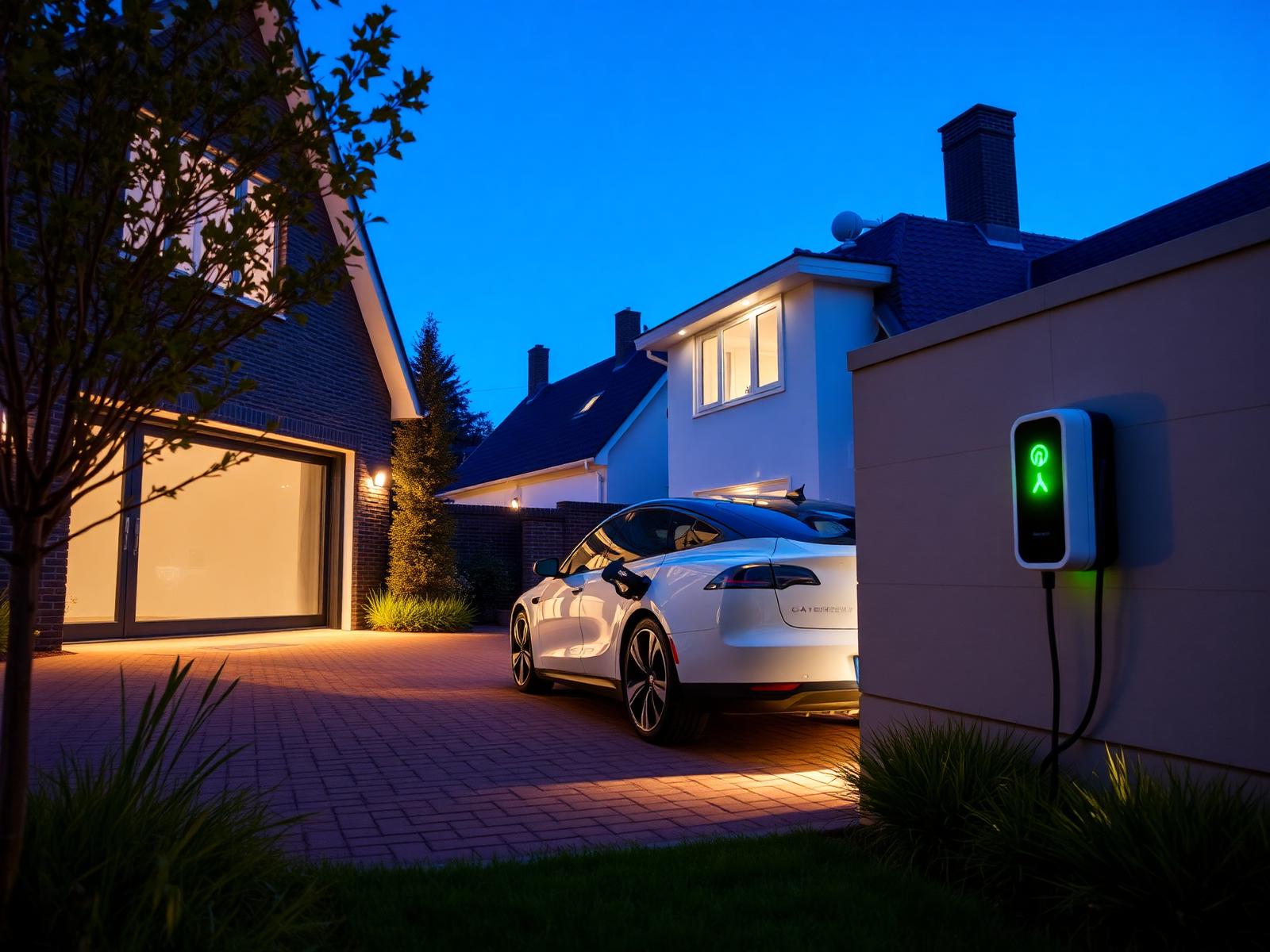 Elektrische auto laadt aan een moderne witte laadpaal op een Nederlandse oprit in de avondschemering